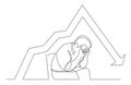 Continuous line drawing of depressed man sitting on chair with declining graph