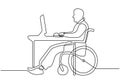 Continuous line drawing of disability man sit on wheelchair working with a computer. Concept of Person with physical injury can