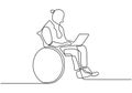 Continuous line drawing of disability man sit on wheelchair working with a laptop. Concept of Person with physical injury can