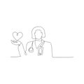 continuous line drawing of doctor with stethoscope keeping heart. isolated sketch drawing of doctor with stethoscope keeping heart