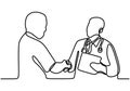 Continuous line drawing of doctor talking with patient. Provide an explanation of the diagnosis of the patient`s disease. Holding