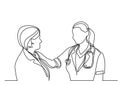 Continuous line drawing of doctor and woman patient talking