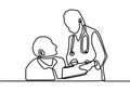 Continuous line drawing of doctors silhouette. Doctor discussing diagnosis. Hospital scene. Medical team concept, vector