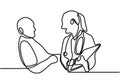 Continuous line drawing of doctors silhouette. Hospital scene. Doctors talking with partner explain something with paper. Medical