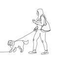 Continuous line drawing of dog and girl walking drinking coffee Royalty Free Stock Photo