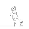 Continuous line drawing of dog and a young girl walking minimalist design. A concept of animal pet with care Royalty Free Stock Photo