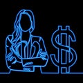 Continuous line drawing Earning, saving and investing money. Businesswoman is standing near dollar neon concept