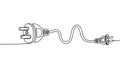 Continuous line drawing of an electrical power plug and socket connected by a cord, minimalist black and white vector illustration Royalty Free Stock Photo