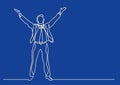 Continuous line drawing of emotional business person raising hands to heaven