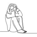 Continuous line drawing of exhausted sad young woman covering his face by hands. Female suffering from depression. Girl in despair