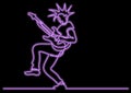 Continuous line drawing of expressive rock guitarist posing with neon vector effect