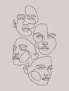 Continuous line, drawing of faces, fashion minimalist concept, vector illustration. Modern fashionable