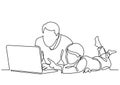 Continuous line drawing of father and child watching laptop computer