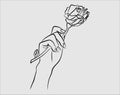 continuous line drawing of a female hand holding a rose flower. beautiful blackwork tattoo design Royalty Free Stock Photo