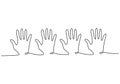 Continuous line drawing of four human hands showing their business teamwork or friendship. Teamwork and partnership concept