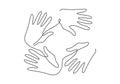 Continuous line drawing of four human hands showing their business teamwork or friendship. Teamwork and partnership concept
