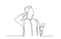 Continuous line drawing of full length standing man with backpack checking his phone. Lost tourist with back pack trying