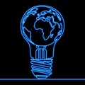 Continuous line drawing Futuristic global energy, innovation light bulb with earth map icon neon concept Royalty Free Stock Photo