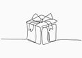 Continuous line drawing of gift box with ribbon bow. Wrapped surprise package for christmas or birthday party isolated on white