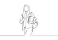 Continuous line drawing of girl with book and standing. Teenager college woman holding stack of books and studying minimalist Royalty Free Stock Photo