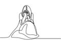 Continuous line drawing of girl covering face with hands, facial expression. Young woman in despair sitting on the bed.