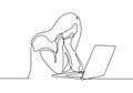 Continuous line drawing of girl with laptop feels frustrated expressing distress and annoyance of display on her notebook. Maybe