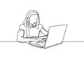 Continuous line drawing of girl with laptop. She is a hard worker in the office minimalism design