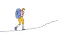 Continuous line drawing of a girl walking and hiking with backpacks