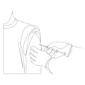 Continuous line drawing of a gloved hands of doctor doing vaccination shot to patient. Medical concept, vector