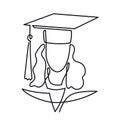 Continuous Line Drawing of Graduation student vector one line art icon isolated on white background. Graduate woman