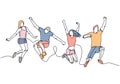 Continuous line drawing of a group of friends jumping with joy and freedom. Vector illustration community hand drawn. Happiness