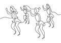 Continuous line drawing of group of girls in zumba dance. Four energetic young womens practice dance isolated on white background Royalty Free Stock Photo