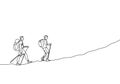 Continuous line drawing of group two people hiking and climbing adventure travelers