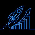 Continuous line drawing growth earning rising up graph flying rocket icon neon glow vector illustration concept Royalty Free Stock Photo