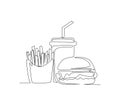 Continuous line drawing of Hand Hamburger, Frenchfries and drink vector illustration. Junk Food single line hand drawn minimalism