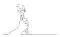 Continuous line drawing of hand holding adjustable wrench spanner Royalty Free Stock Photo