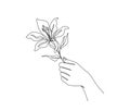 Continuous line drawing of hand holding beautiful flower. Tropical flower simple line art with active stroke. Florist concept