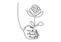 Continuous line drawing of hand holding beautiful rose flower minimalist style isolated on a white background. Awesome flower Royalty Free Stock Photo