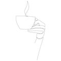 Continuous line drawing of the hand holding a cup of coffee. Royalty Free Stock Photo