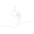 Continuous line drawing of the hand holding a cup of hot tea or coffee. Vector illustration. Royalty Free Stock Photo