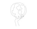 Continuous line drawing of Hand Holding Earth Globe. Single one line drawing of hand hold globe Royalty Free Stock Photo