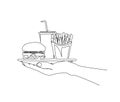 Continuous line drawing of Hand Holding Hamburger, Frenchfries and drink vector illustration. Junk Food single line hand drawn