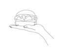 Continuous line drawing of Hand Holding Hamburger vector illustration. Hamburger on Hand single line art minimalism style