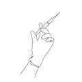 Continuous line drawing of hand holding medical syringe injector. Single line art with active stroke