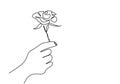 Continuous line drawing of a hand holding rose flower. Hand`s woman with a flower isolated on white background. Give a sign of Royalty Free Stock Photo