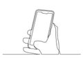 Continuous line drawing of hand with modern cell phone Royalty Free Stock Photo