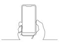 Continuous line drawing of hand with modern mobile phone