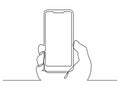 Continuous line drawing of hand with modern mobile phone