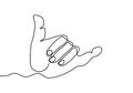 Continuous line drawing of hand showing Shaka sign. Shaka gesture symbol greetings made by Hawaii people. Abstract hands can mean