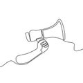 Continuous line drawing of hand with speaker. Horn speaker hold by hand. Horn speaker sign and symbol for announcement or